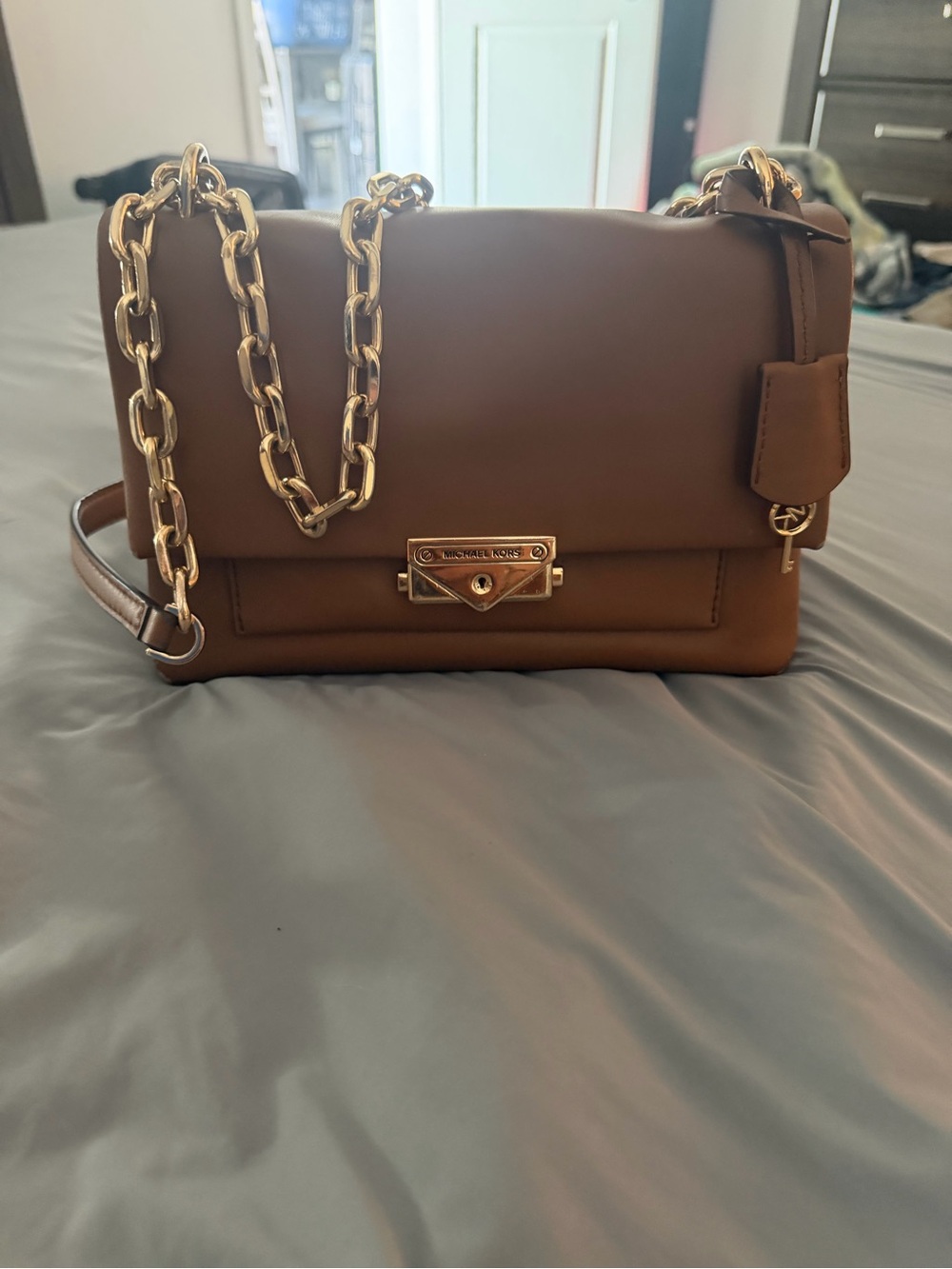 Michael Kors Brown Leather Shoulder Bag with Gold Chain